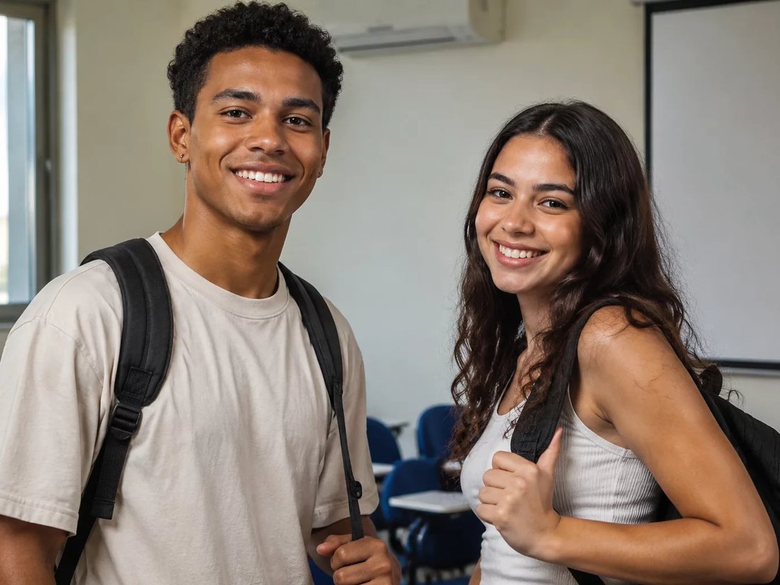 Duas pessoas de mochila prolongam a discussão em pé no corredor, depois do encontro